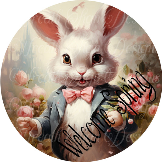 Easter Rabbit, Easter Bunny, Spring, Easter Eggs and Flowers, Round metal sublimated wreath sign