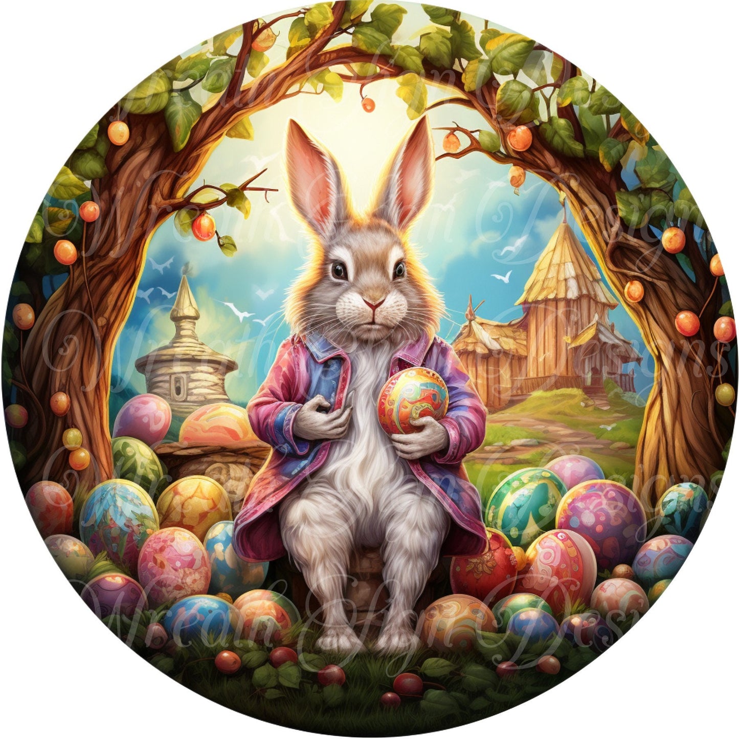 Easter Rabbit, Easter Bunny, Spring, Easter Eggs , Round metal sublimated wreath sign