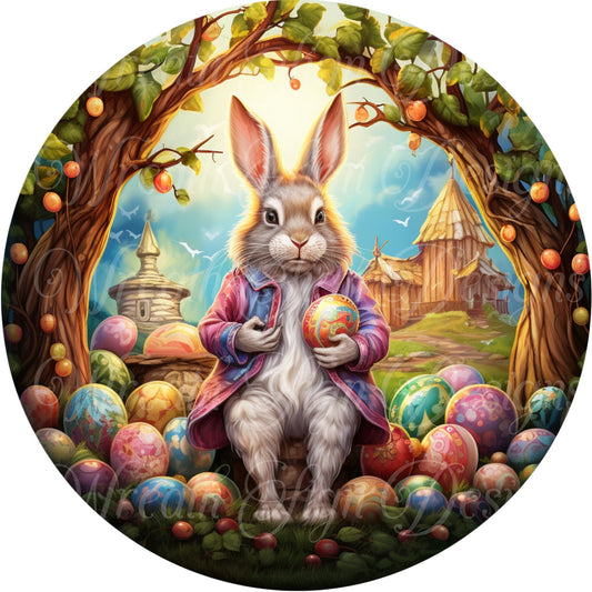 Easter Rabbit, Easter Bunny, Spring, Easter Eggs , Round metal sublimated wreath sign