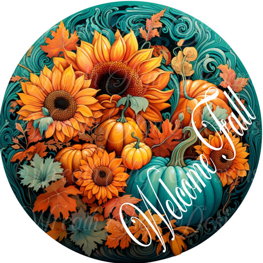 Teal and Orange, sunflowers and pumpkins wreath sign, Sublimated metal wreath center, Round wreath sign