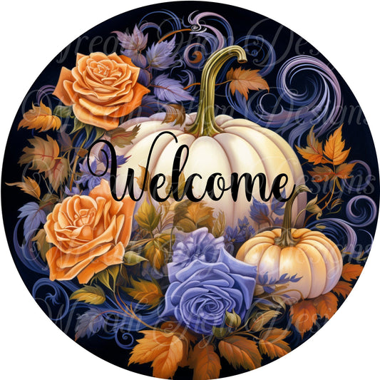 round metal sublimated wreath sign, Purple Roses and Pumpkins, Welcome sign, Fall, Autumn pumpkin sign