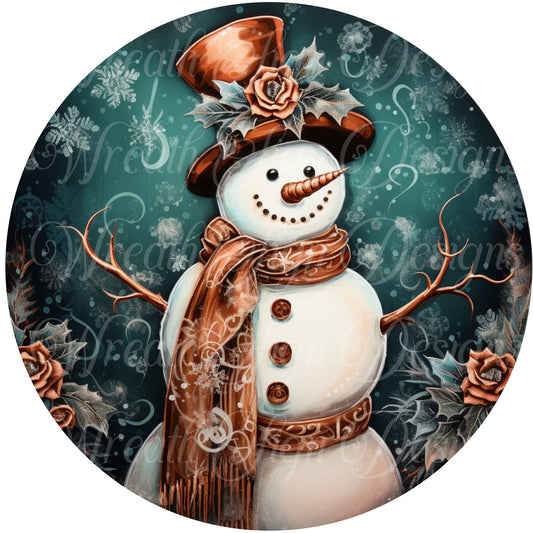 Christmas snowman sign, winter sign, Copper and Teal, Wreath Sign, Wreath Center, Wreath Attachment,  round metal sign