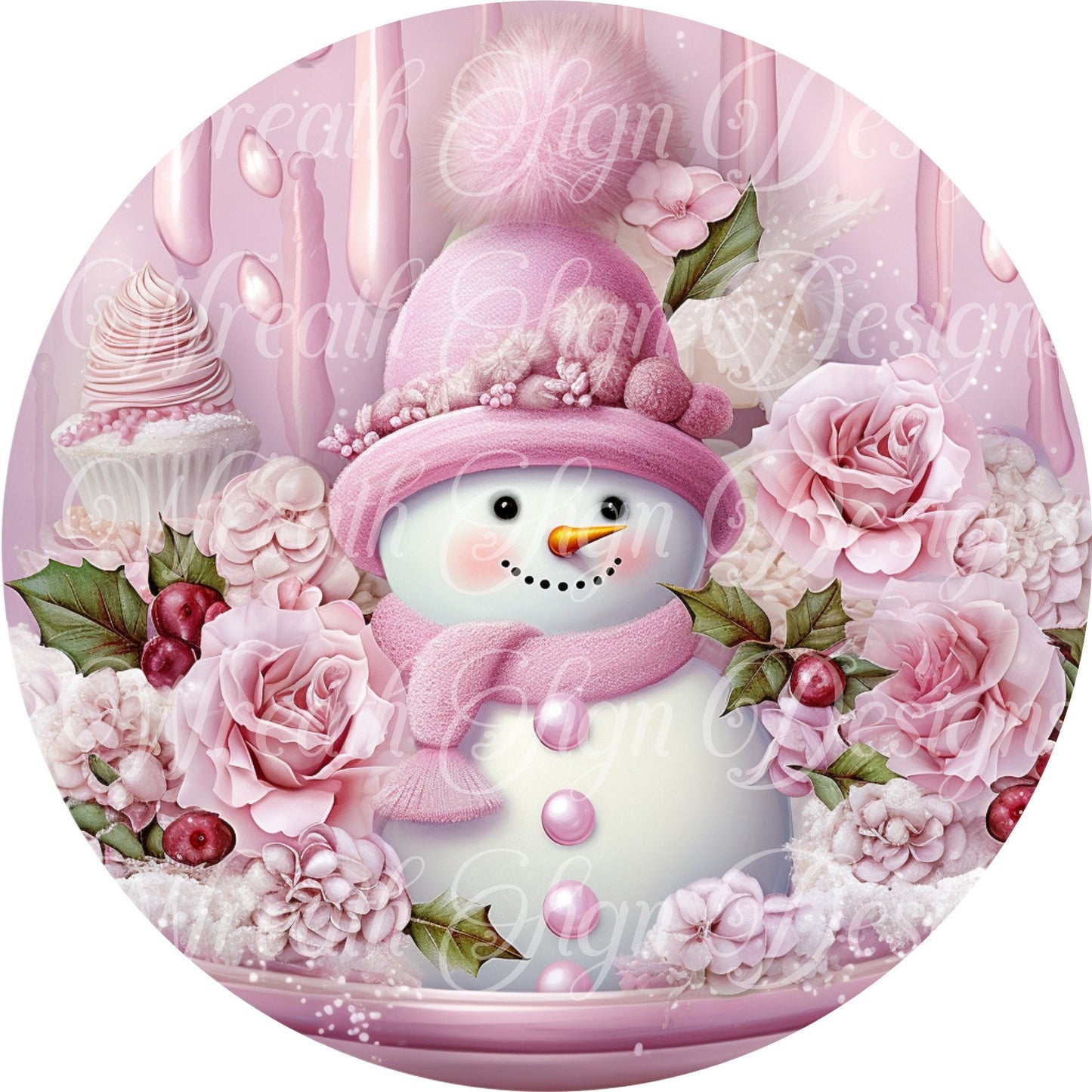 Pink Christmas snowman sign winter sign, Pink Christmas, Wreath Sign, Wreath Center, Wreath Attachment,  round metal sign