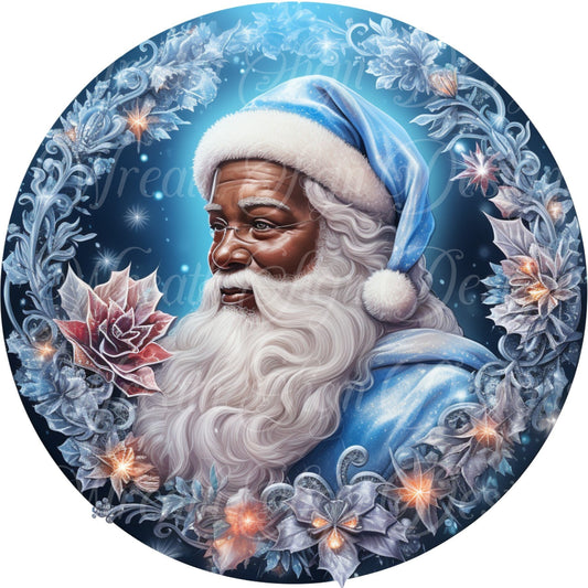 round metal sublimation wreath sign, black Santa Claus, Melanin Santa, blue Christmas sign, center, attachment