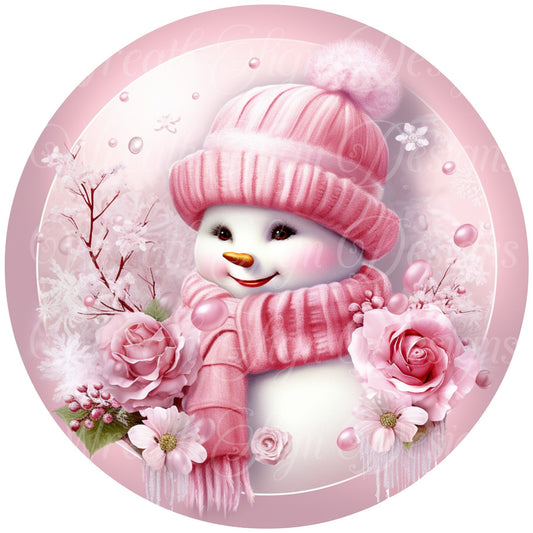 Pink Christmas snowman sign winter sign, Pink Christmas, Wreath Sign, Wreath Center, Wreath Attachment,  round metal sign