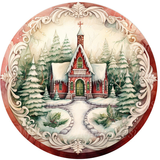 round metal sublimated wreath sign,  Christmas, Old world Church in the snow, red and green  , snowy winter Christmas sign