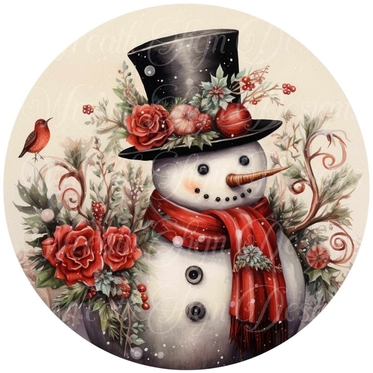 Winter Rose snowman sign, Red and black snowman Christmas, Wreath Sign, Wreath Center, Wreath Attachment,  round metal sign