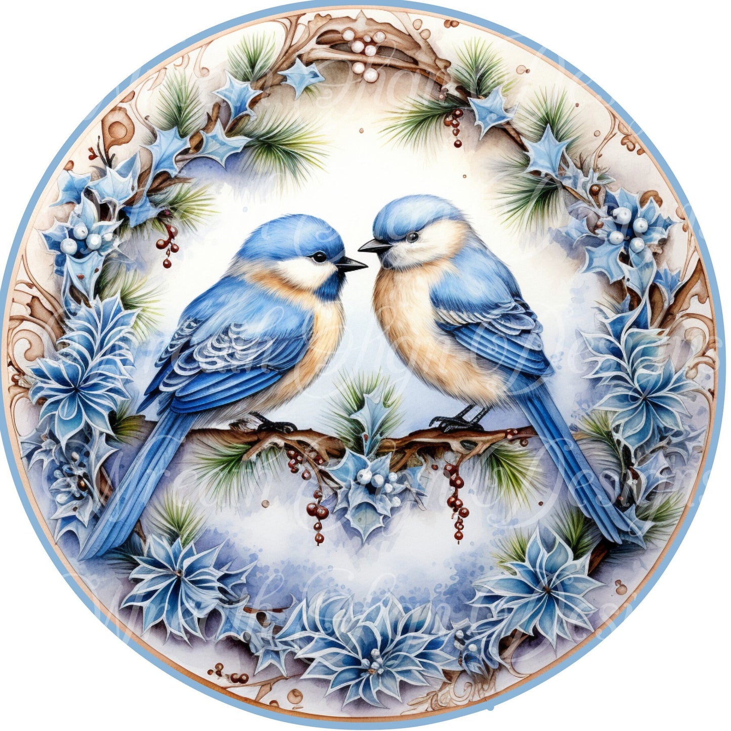 round metal sublimate wreath sign, bluebirds winter Christmas sign, blue jay winter scene, wreath sign, center, attachment