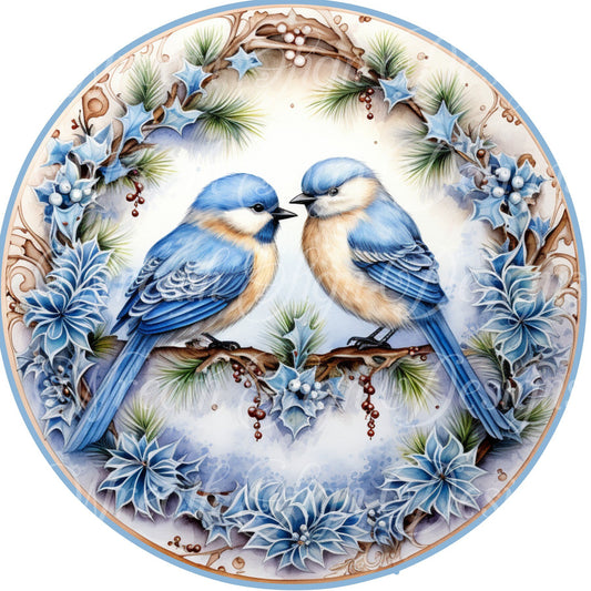 round metal sublimate wreath sign, bluebirds winter Christmas sign, blue jay winter scene, wreath sign, center, attachment