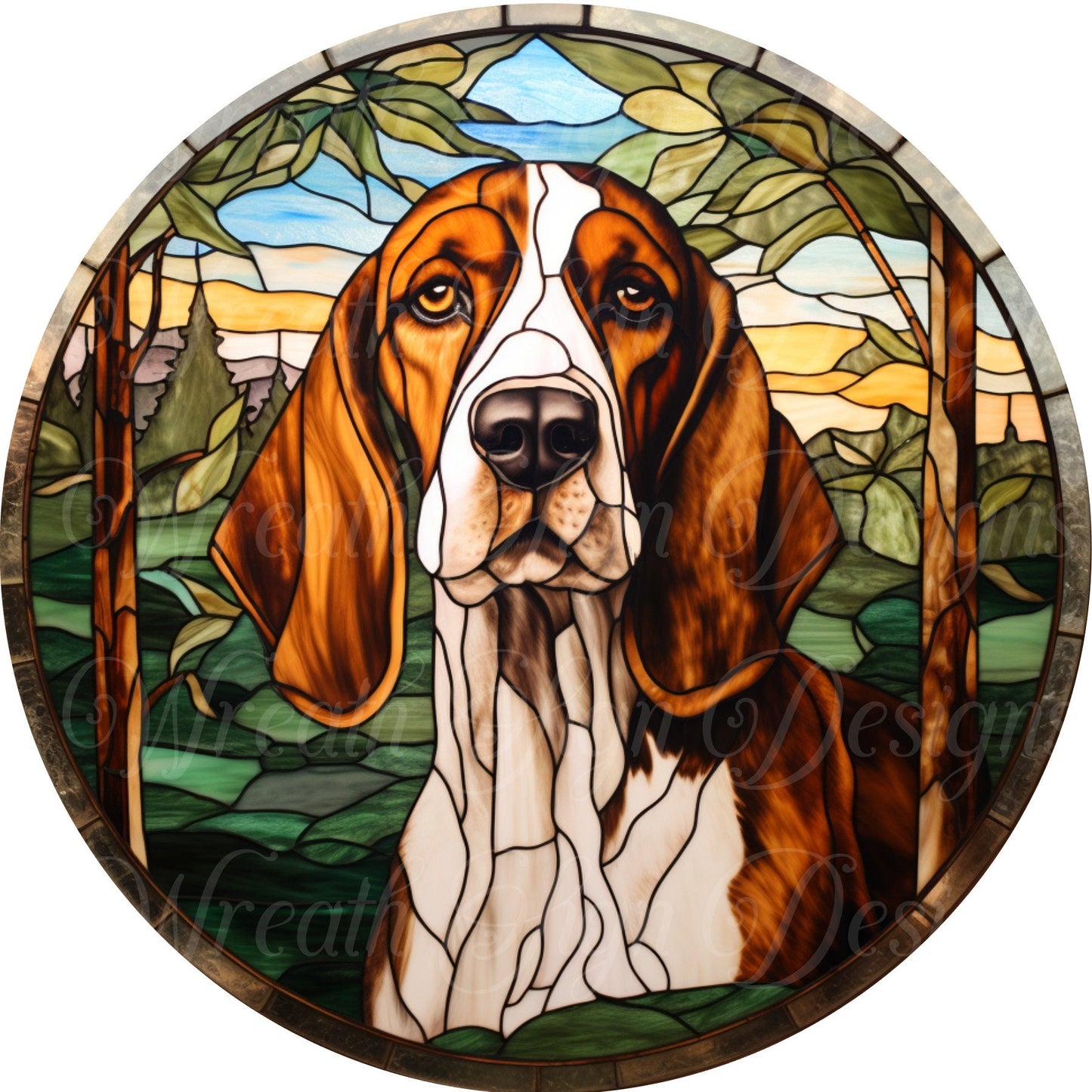 Faux stained glass dog sign, Coon dog welcome metal sign  Round sign, Wreath attachment, Wreath center,