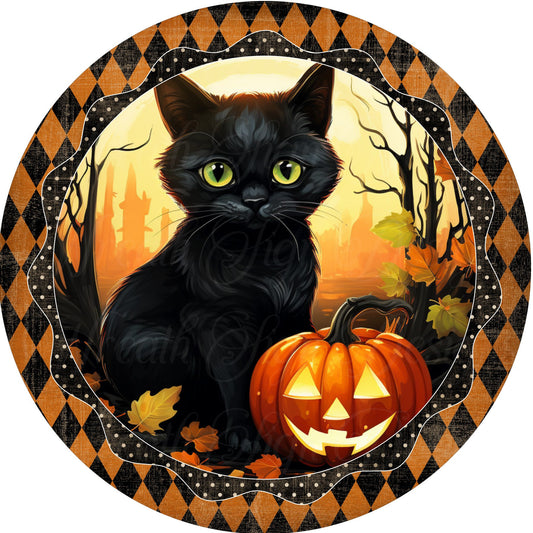 Wreath sign, Round metal sign, black cat and pumpkin, Fall sign, Halloween sign, jack-o-lantern, wreath center, wreath attachment