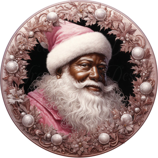 round metal sublimation wreath sign, black Santa Claus, Melanin santa, pink Christmas sign, center, attachment