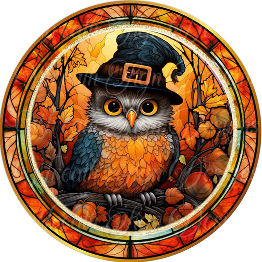 Faux stained glass fall owl round metal sign, Autumn owl, wreath sign, wreath center, wreath attachment, fall decor