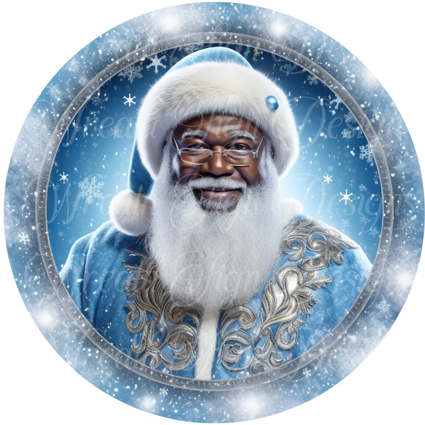 round metal sublimation wreath sign, black Santa Claus, Melanin Santa, blue Christmas sign, center, attachment