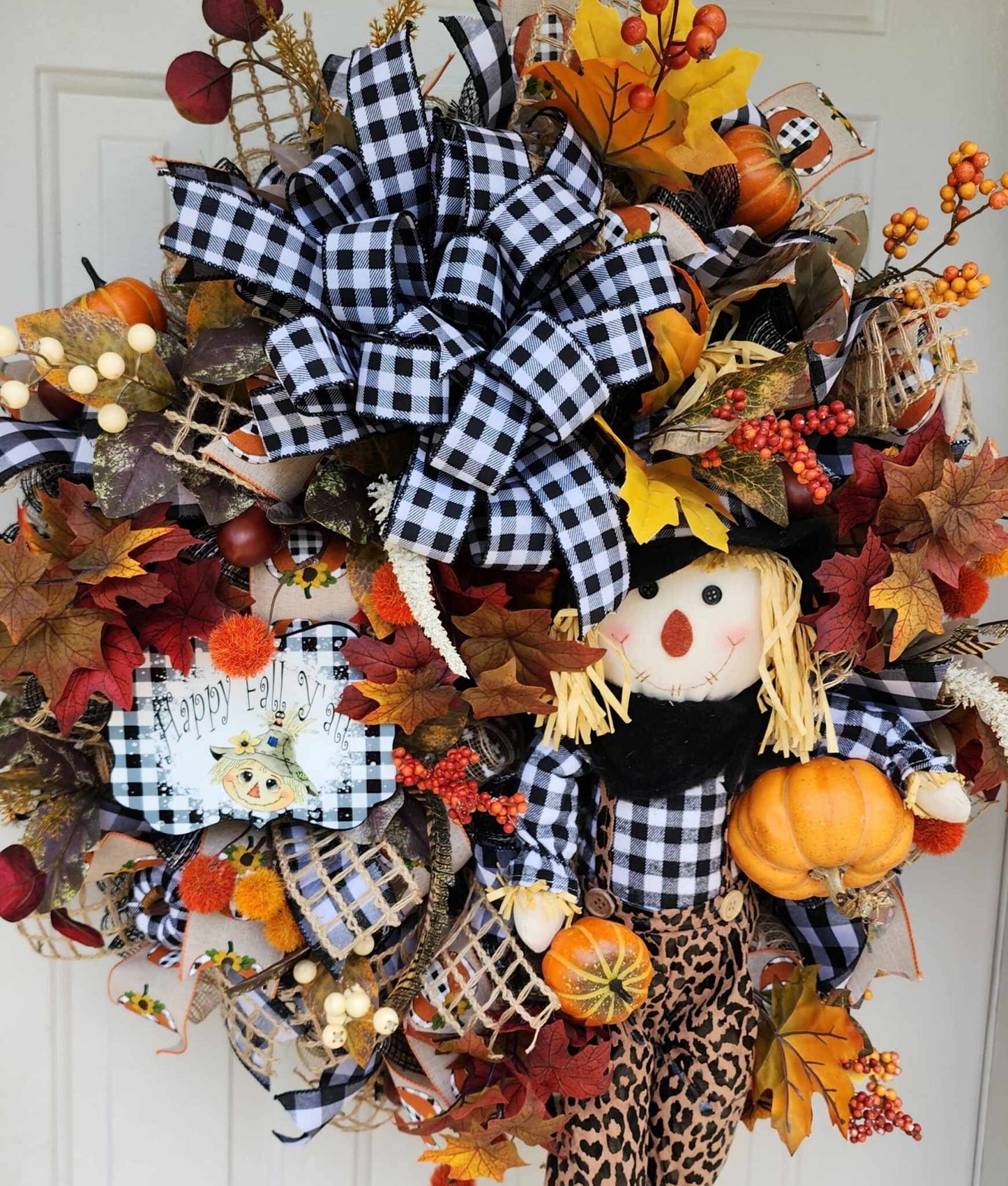 Fall scarecrow front door wreath, autumn decore, pumpkins, fall leaves, buffalo check and cheetah print scarecrow