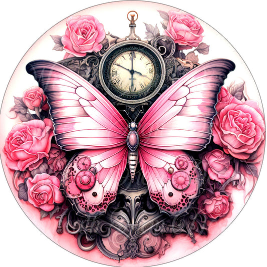 pink and black Steampunk Butterfly sign, Butterflies and gears sign. Metal sign, summer sign,  Round sign, Wreath attachment, Wreath center,