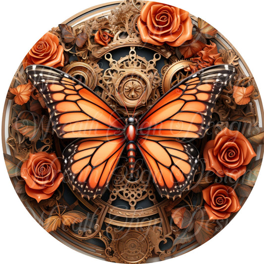 Orange Steampunk Monarch Butterfly sign, Butterflies and gears sign. Metal sign, summer sign,  Round sign, Wreath attachment, Wreath center,