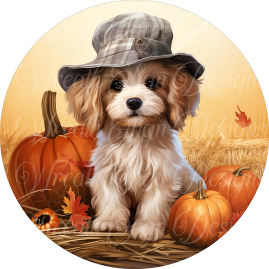 Cute Fall Dog wearing a hat wreath sign, Autumn dog sign,  Round sign, Wreath attachment, Wreath center, sublimated metal
