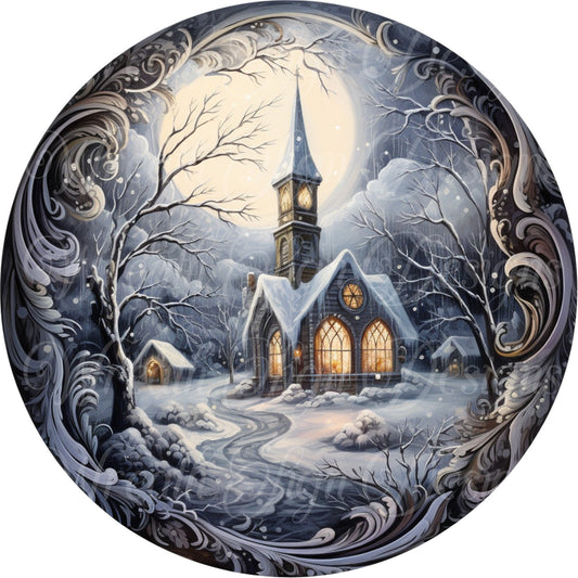 round metal sublimated wreath sign, blue winter, snowflake, Christmas scene, old church wreath center, attachment