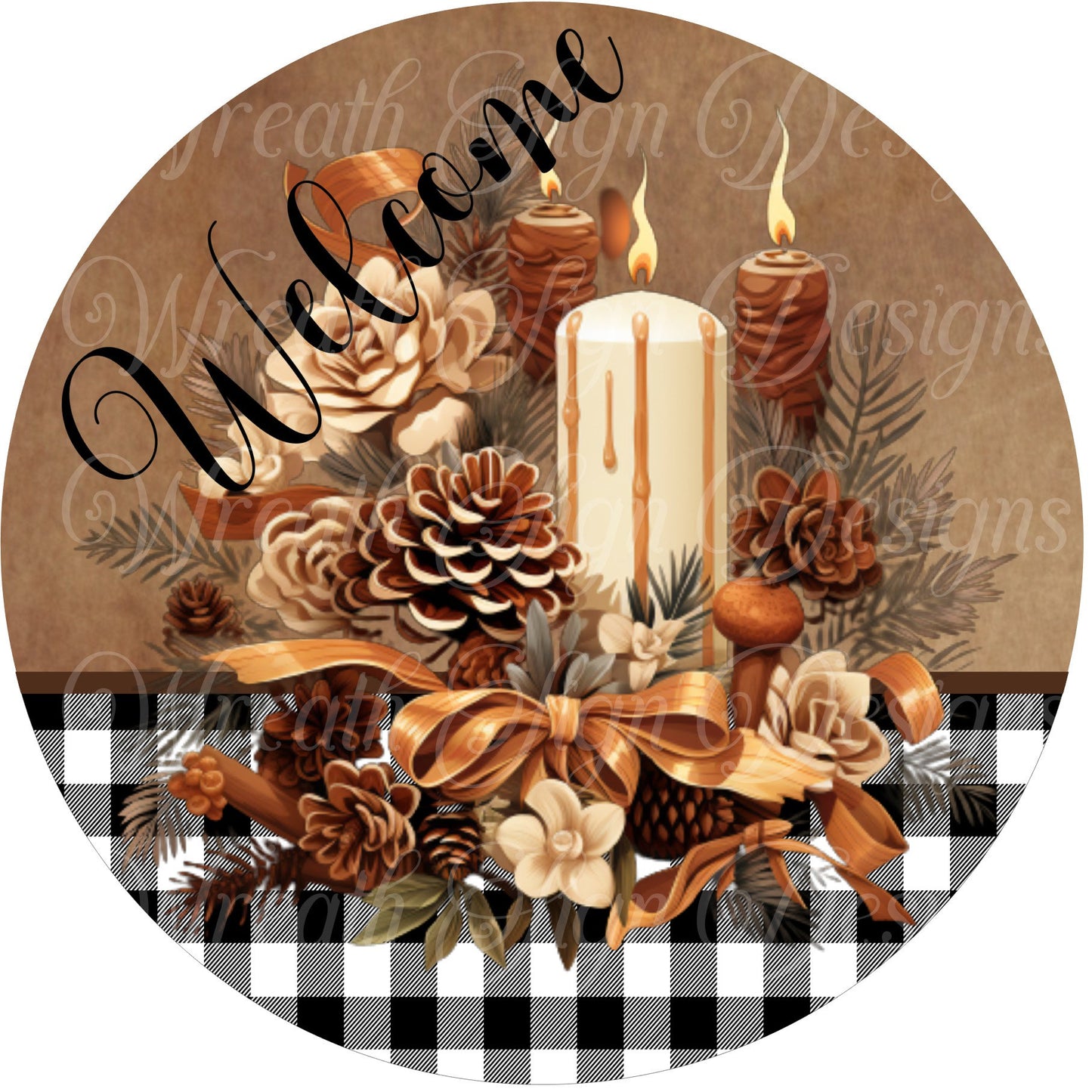 Welcome, fall, autumn, Candles and Pinecone round metal wreath sign,  wreath center, wreath attachment