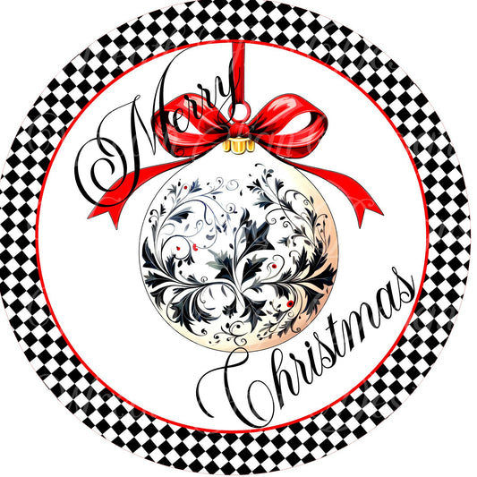 Round metal sublimated wreath sign, Merry Christmas welcome sign, black white and red Christmas ornament, Baubles