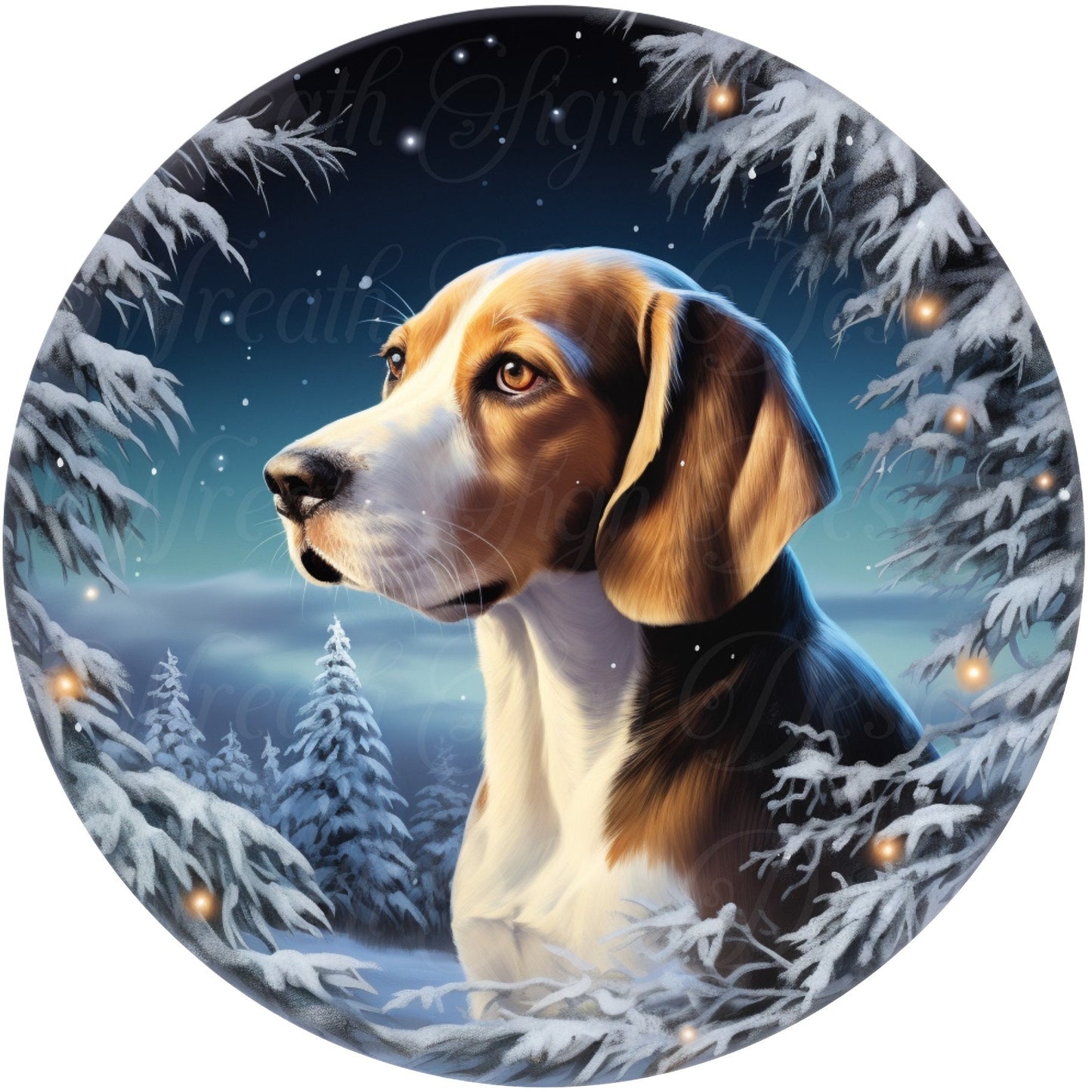 Christmas American Fox Hound  dog sign, Winter dog sign,  Round sign, Wreath attachment, Wreath center, sublimated metal