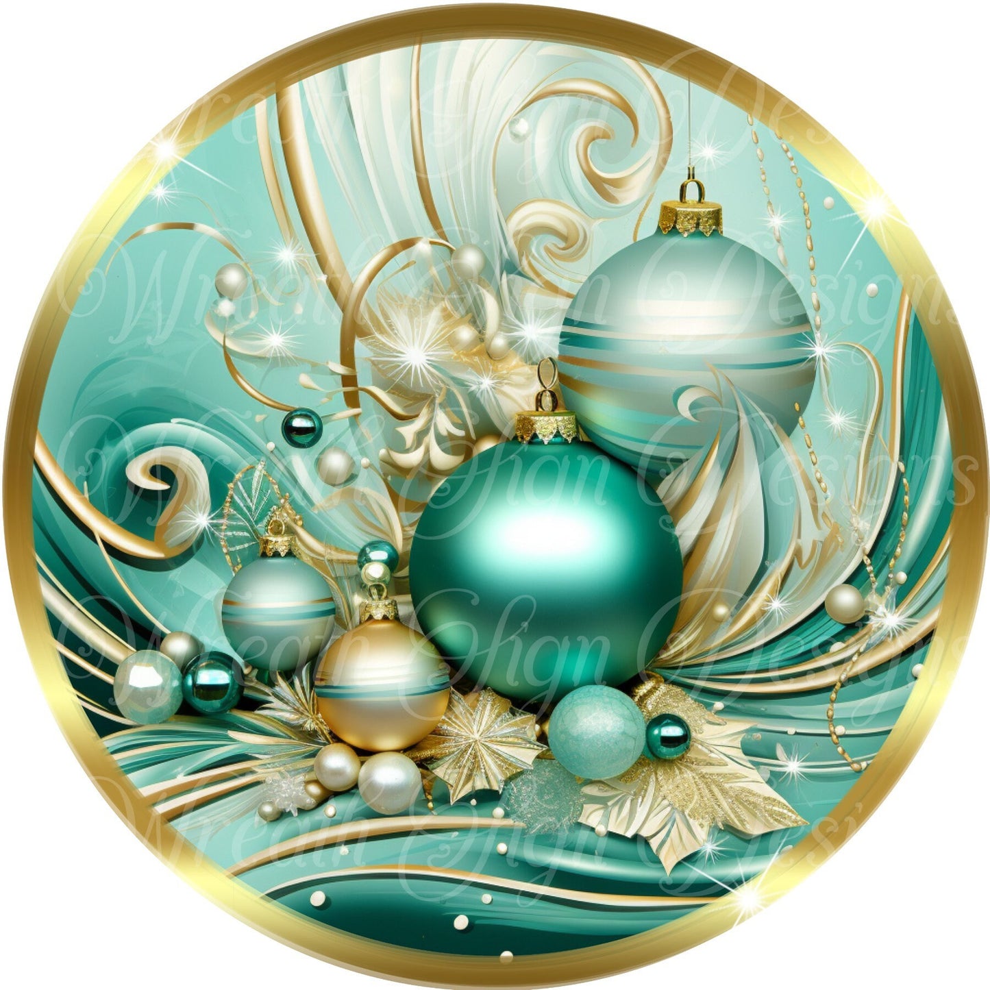 round wreath sign, Teal and gold christmas tree ornaments, Baubles. wreath sign, center, attachment