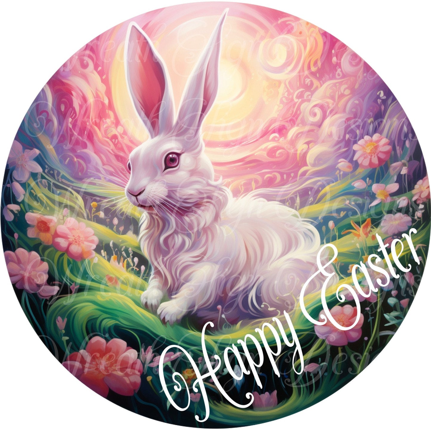 Easter Rabbit, Easter Bunny, Spring, Easter Eggs and Flowers, Round metal sublimated wreath sign