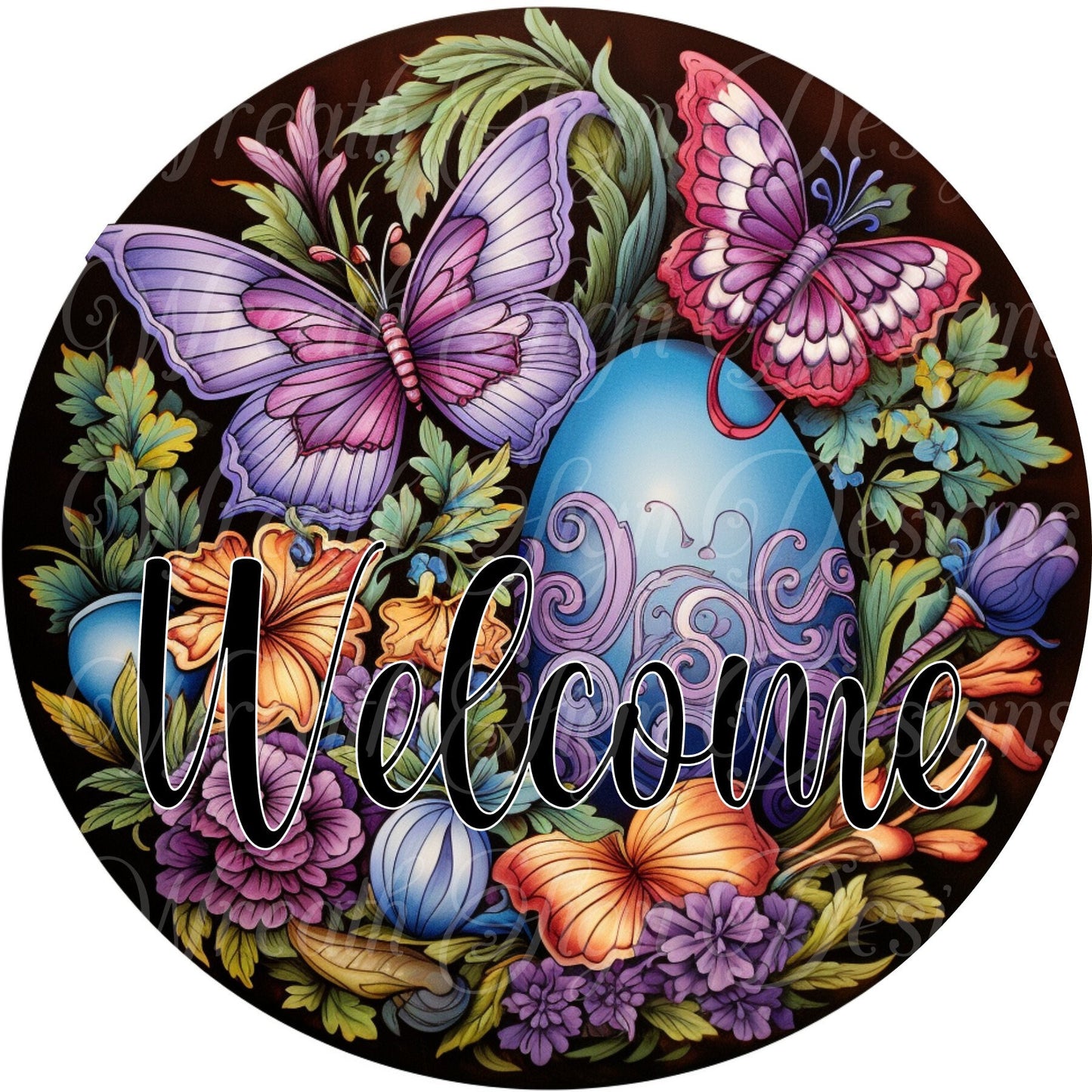 Welcome Sign, Butterflies and Flower, Easter Eggs, round metal wreath sign, wreath center, wreath attachment