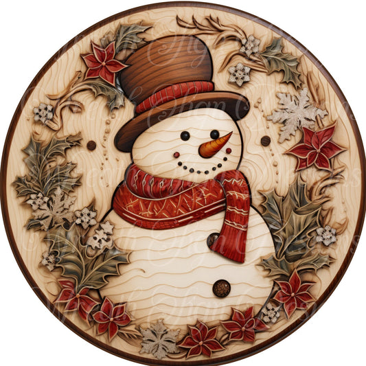 faux wood carved 3d Rustic Christmas snowman sign winter sign,  Christmas, Wreath Sign, Wreath Center, Wreath Attachment,  round metal sign