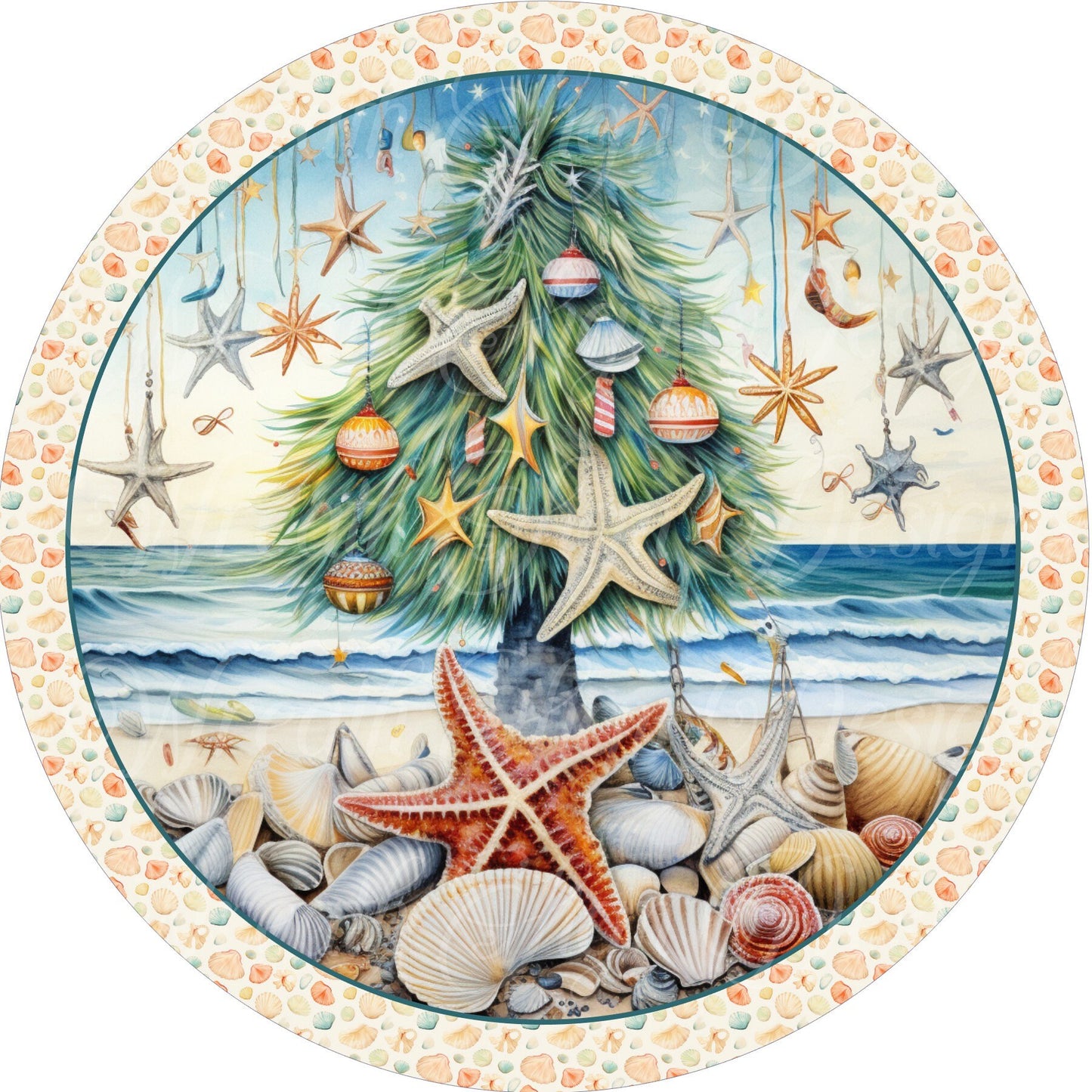 Merry Christmas, Christmas, Coastal Beach, Round metal wreath sign