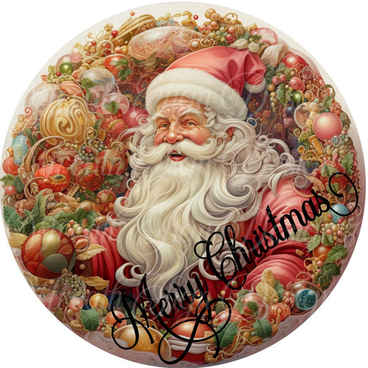 round metal sublimation wreath sign, Merry Christmas Santa, Santa Claus, St. Nicholas, Father Time, Kris Kringle