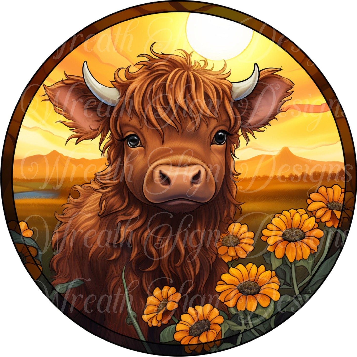 Highland cow and sunflowers round metal wreath sign, farmhouse, summer Wreath Center,