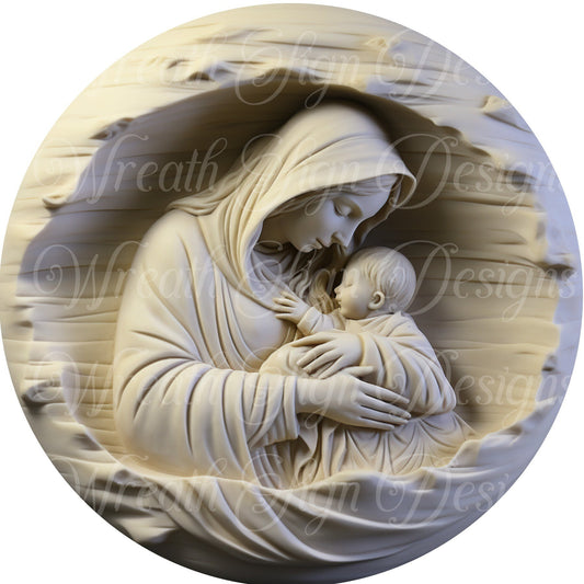 faux 3d  Mary and Baby Jesus round metal sign, Christmas sign, Winter wreath sign, wreath center, wreath attachment, faux ivory carving