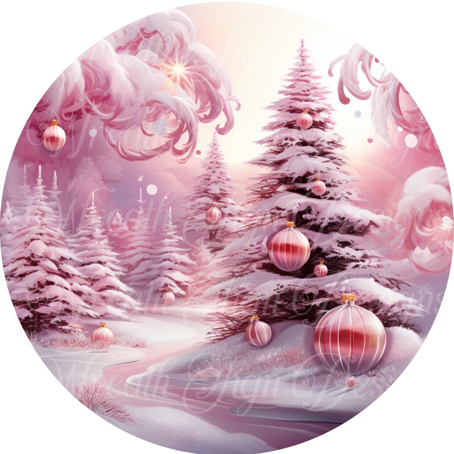 Pink Christmas round metal wreath sign, Pink Christmas tree in the snow,  Wreath Sign, pink Wreath Center, Wreath Attachment