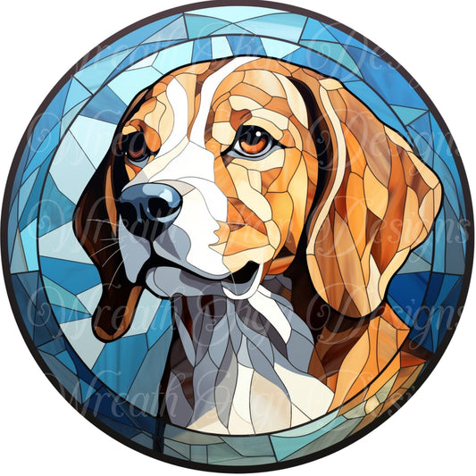 wreath sign, Beagle dog blue faux stain glass round metal wreath attachment,  metal wreath center
