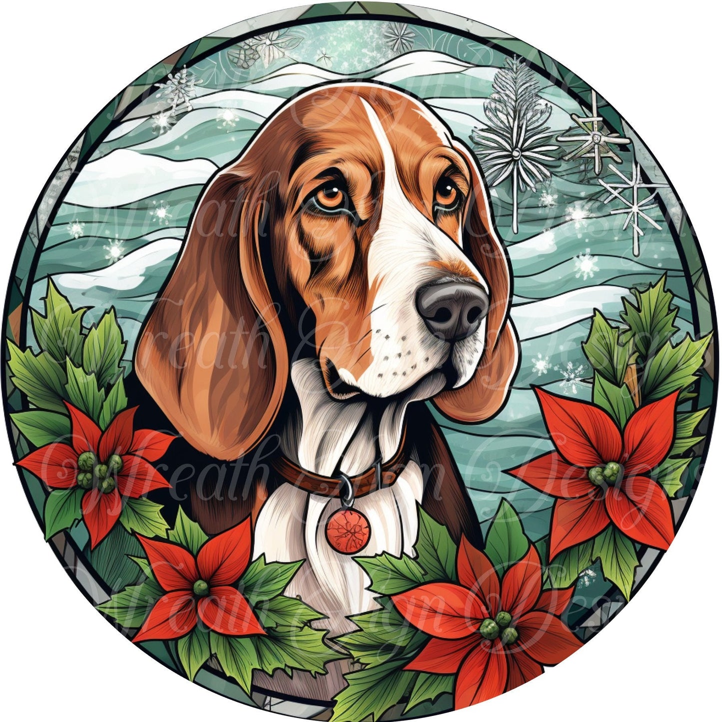 Faux stained glass dog sign, Coon dog Christmas metal sign  Round sign, Wreath attachment, Wreath center,