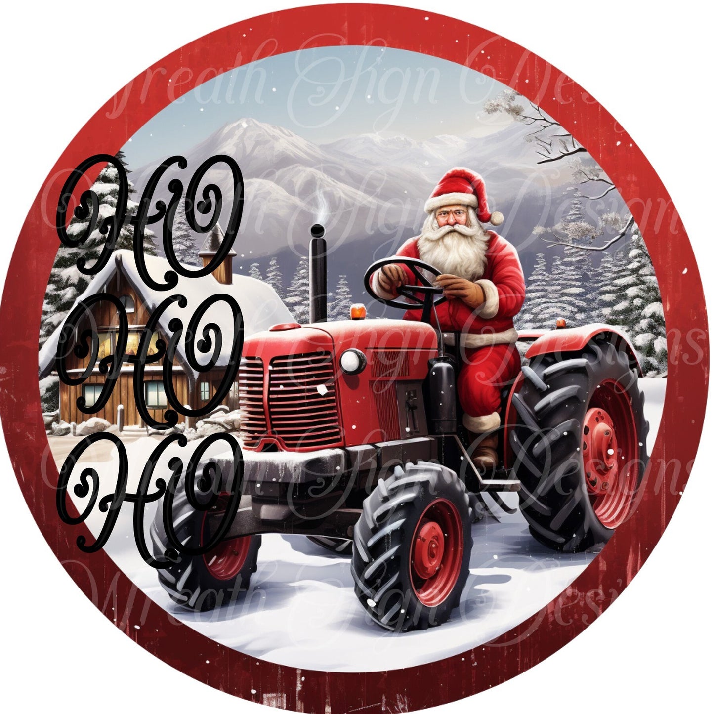 round metal wreath sign, rustic barn scene, old red barn and red tractor,  Santa Claus farmhouse Christmas