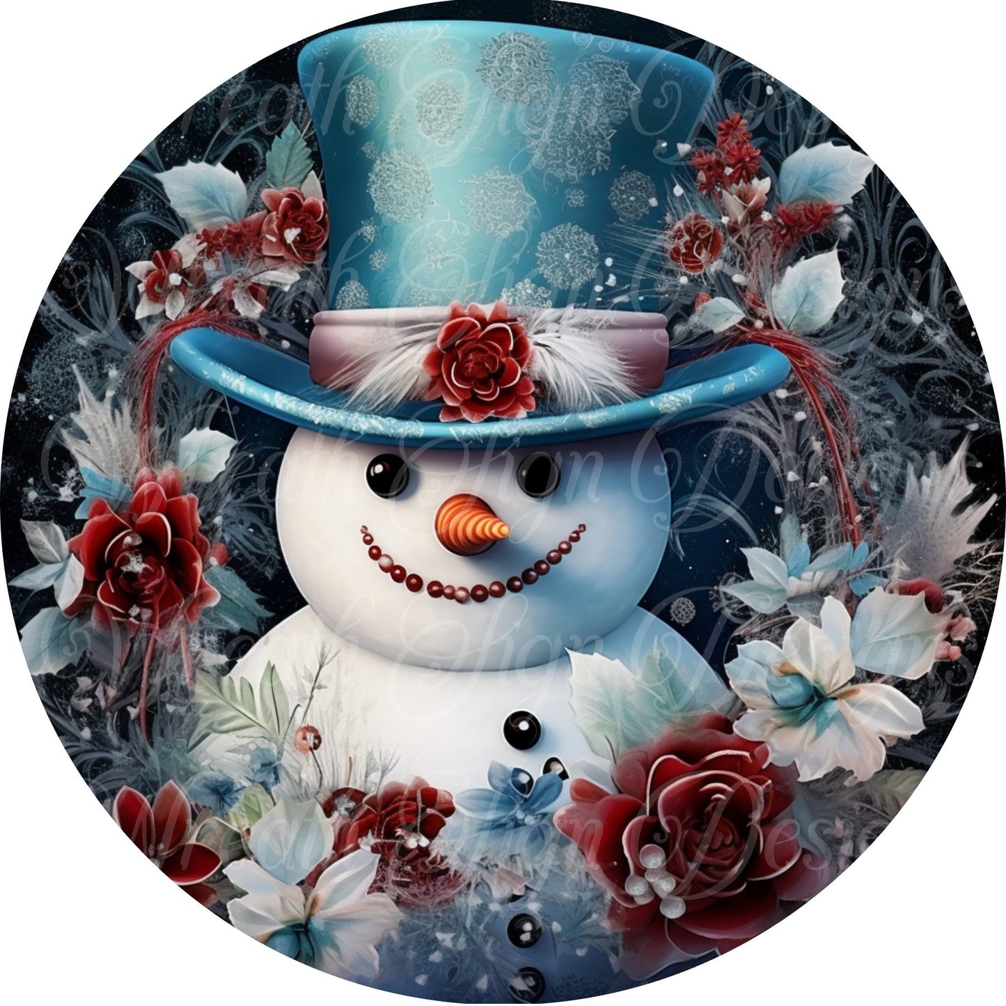 winter snowman, round metal wreath sign, blue and black romantic snowman, poinsettias