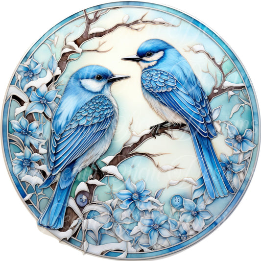 round metal sublimate wreath sign, bluebirds winter Christmas sign, blue jay winter scene, blue bird faux stained glass