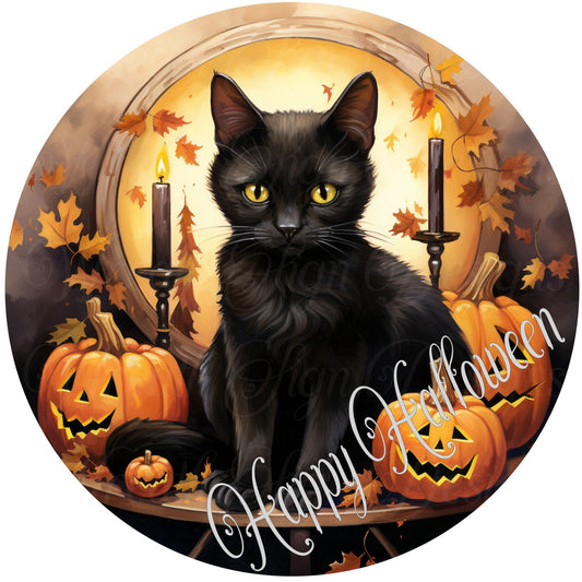 Wreath sign, Round metal sign, black cat and pumpkin, Fall sign, Happy Halloween sign, jack-o-lantern, wreath center, wreath attachment