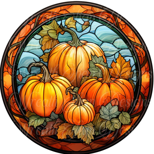 Welcome Autumn pumpkins round metal wreath sign, Fall pumpkins, faux stained glass pumpkins, wreath center, wreath attachment