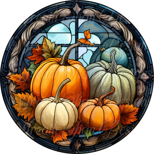 Welcome Autumn pumpkins round metal wreath sign, Fall pumpkins, faux stained glass pumpkins, wreath center, wreath attachment