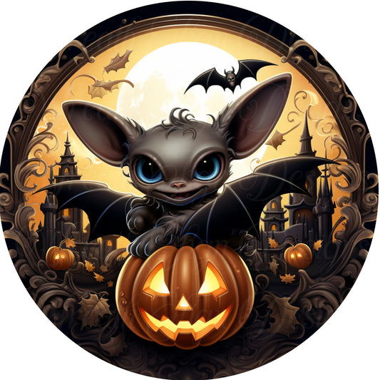 Halloween bat sign, bat and jack-o-lantern fall door sign, metal wreath sign, Round sign,  attachment Wreath center,