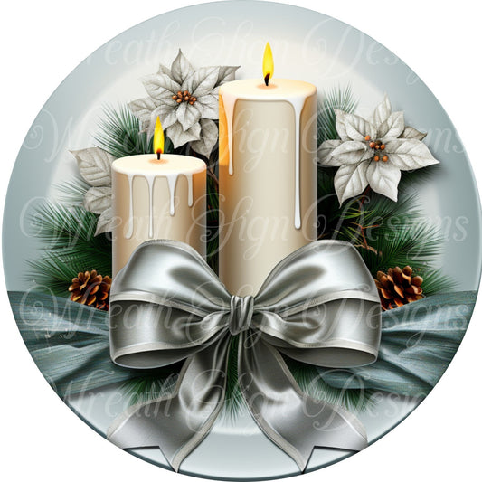 Merry Christmas, Candles and poinsettias, Blue and Silver sign, Christmas sign. round metal sublimation wreath sign, wreath center