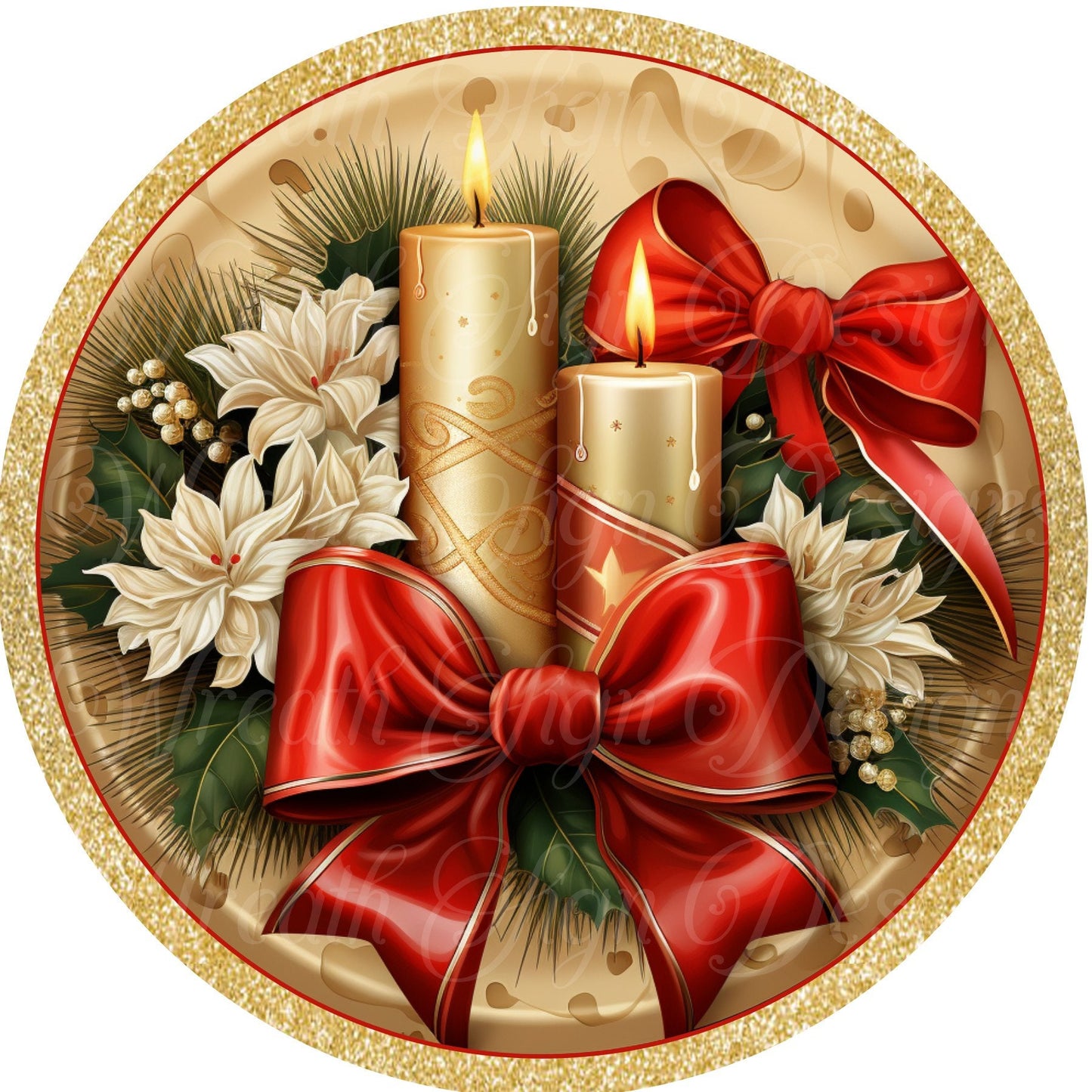 Peace on Earth Gold and Red Candles with poinsettias, Red and Gold sign, Christmas sign. round metal sublimation wreath sign, wreath center