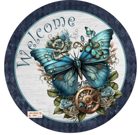 Steampunk Butterfly sign, Butterflies and gears wreath sign. Metal sign, summer sign,  Round sign, Wreath attachment, Wreath center,