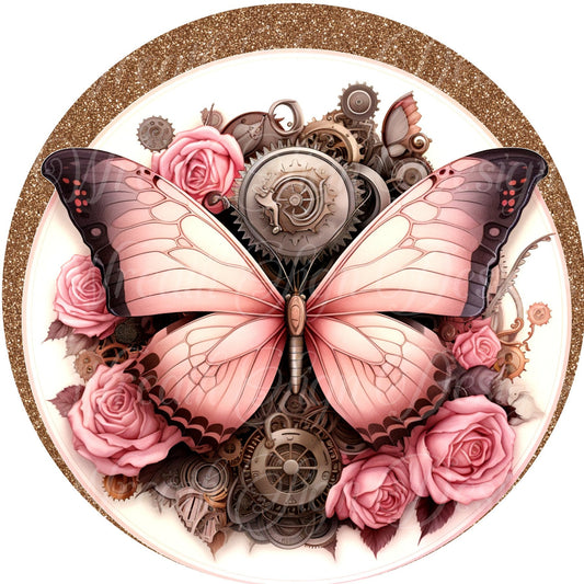 pink and black Steampunk Butterfly sign, Butterflies and gears sign. Metal sign, summer sign,  Round sign, Wreath attachment, Wreath center,