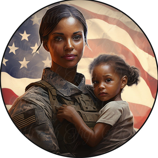 Military Wreath sign, Round metal sign, African American, Black, Female American Soldier, American Flag, Patriotic. Freedom wreath center