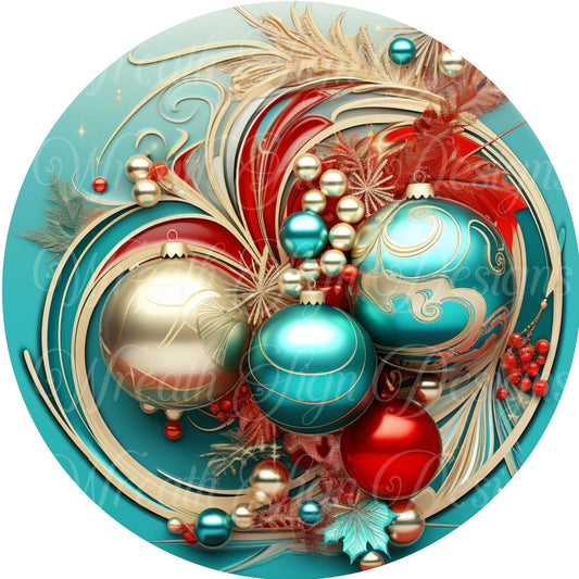 Christmas theme, Christmas ornaments, blue gold and red mesh flower center,  wreath sign, Sublimated metal wreath center, Round wreath sign